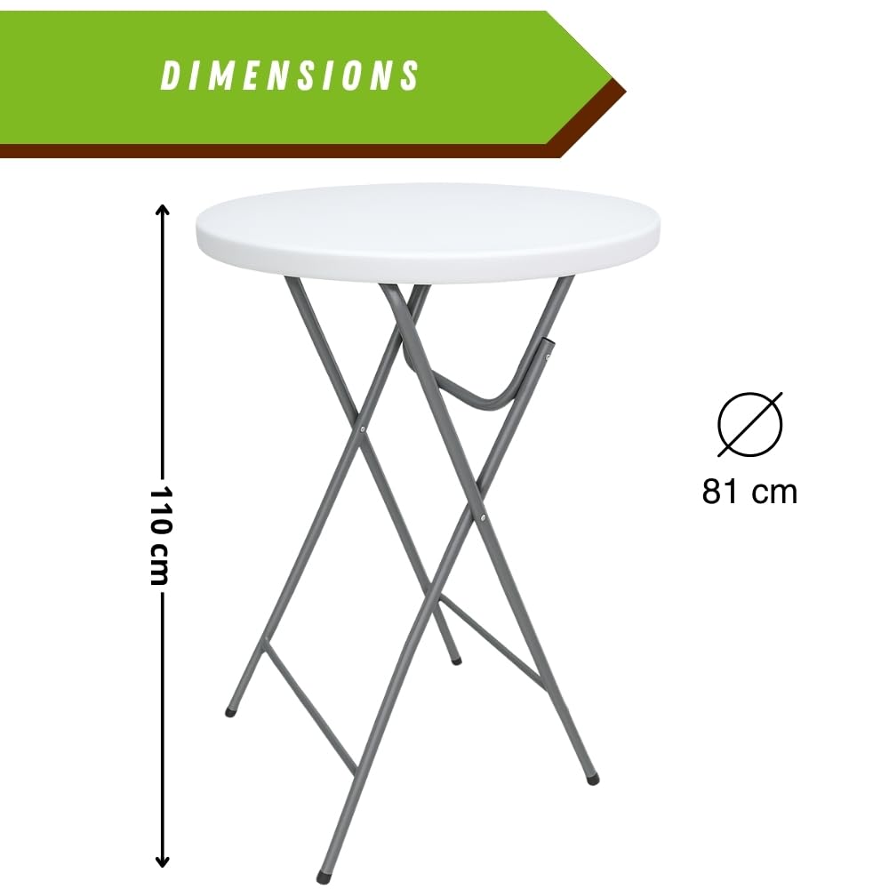 TERRE JARDIN - Table Pliante Mange Debout, Plateau HDPE Ø81 cm - Table Pliante Exterieur/Interieur 110 cm - Table de Jardin Pliante Blanche, Buffet, Fêtes, Camping - Stable et Robuste