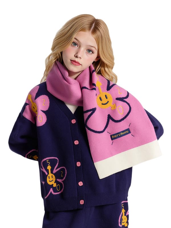 Pink Knit Scarf with Smiley Flowers - Soft Chunky Flower Scarf for Women & Girls,Lightweight One Size Fits Most