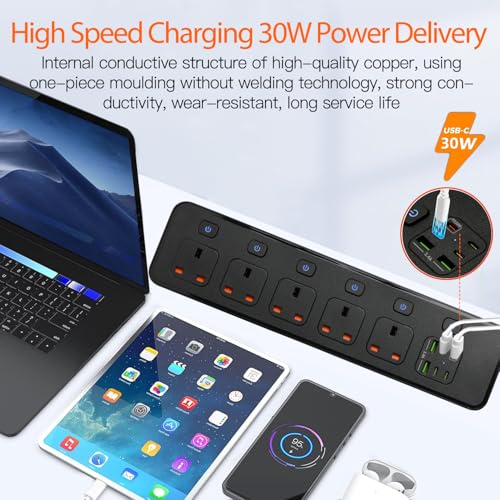 Extension Lead with 6 USB Slots, 5 Way Plug Extension Socket Surge Protection Power Strip with PD30W USB C Slot, Independent Switches and 2M Extension Cord Wall Mounted for Home Office-Black - Image 5