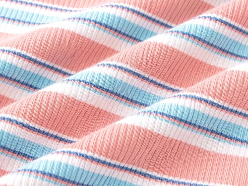 Image of Girls Striped T-Shirt Lettuce Trim Short Sleeve Top Size 6-16 | Soft stretch ribbed knit fabric, breathable blouse,summer outfit for big girls & teen, for school, party and daily activity