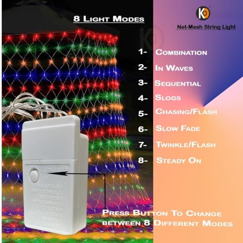 Image of K D ED Net Mesh String Lights - 192 LEDs, 9.8Ft x 6.6Ft, Warm Multi, 8 Modes, IP44 Waterproof, Connectable for Diwali, Navratri, Christmas (Net Mesh Multi Jali)