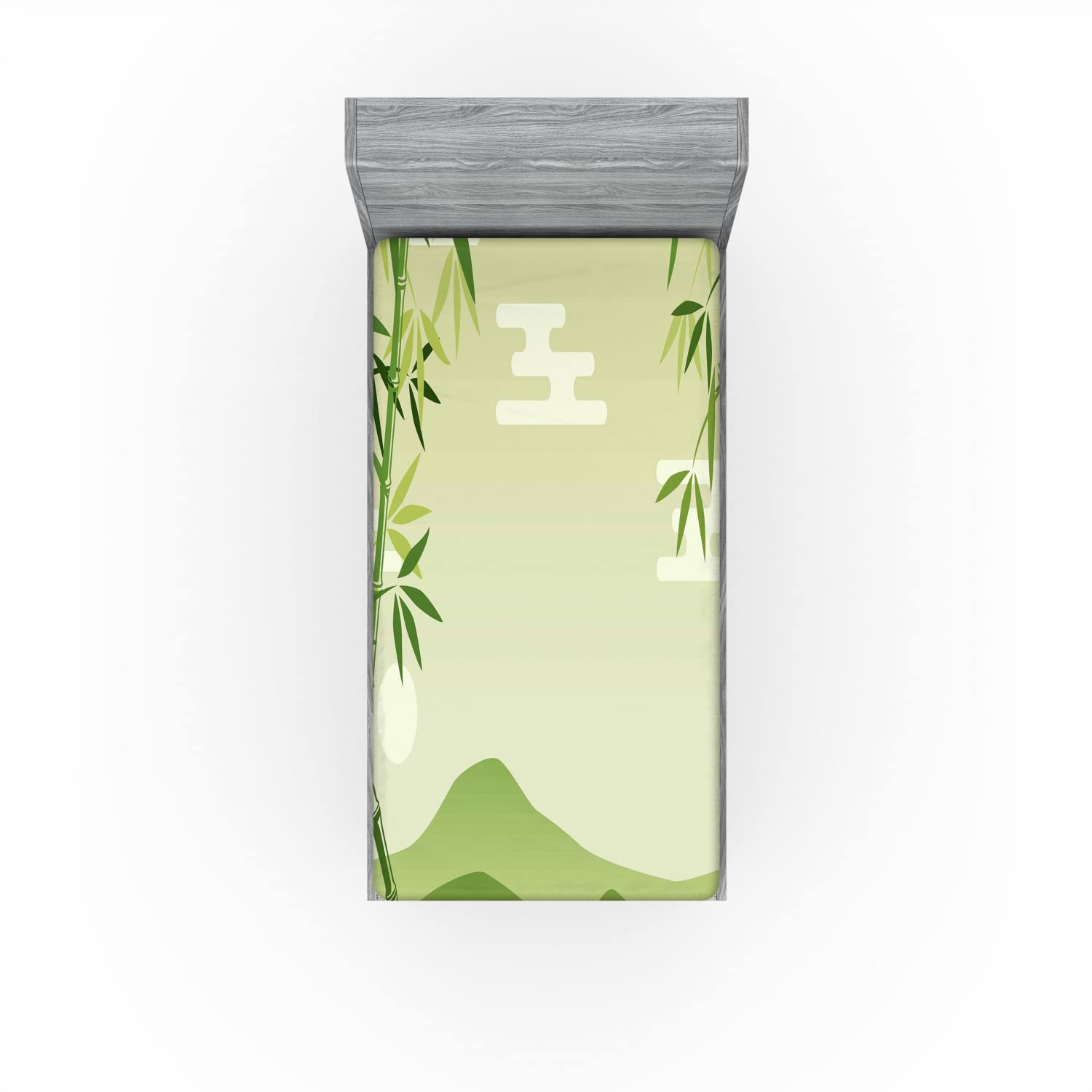 Ambesonne Green Leaf 2 Pack Fitted Sheet, Japanese Tree Oriental, Bed Cover All-Round Elastic Deep Pockets 2 Pieces, Package Contains 2 Twin XL Size Fitted Sheets, Lime Green