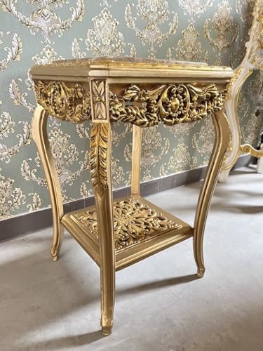 Goldener Quadratischer Beistelltisch im Französischen Barock Rokoko Stil, Handgefertigter Beistelltisch aus Holz mit Kamelfarbener Marmorplatte, Goldener Couchtisch, Teetisch als Wohndekoration – Bild 5