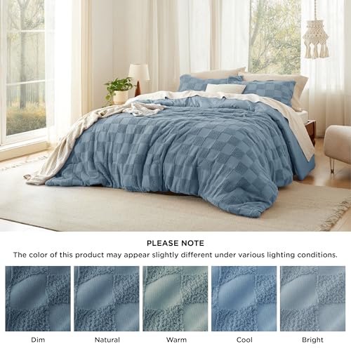 Image of Bedsure Mineral Blue Queen Size Comforter Set, Boho Tufted Bed Set, Checkered Farmhouse-Style Distressed Vintage Bedding, 3 Pieces, 1 Plaid Geometric Comforter and 2 Pillow Shams