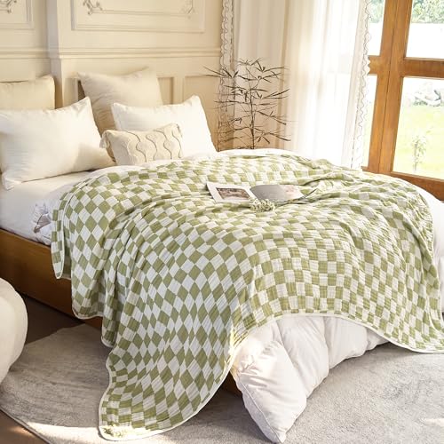 Image of 100% Cotton Muslin Blankets for Adults Queen Size 6-Layer Gauze Green Grid Cooling Blanket Lightweight Soft Breathable Decor Blanket for Sofa Couch Bed Coverlet Both Sides