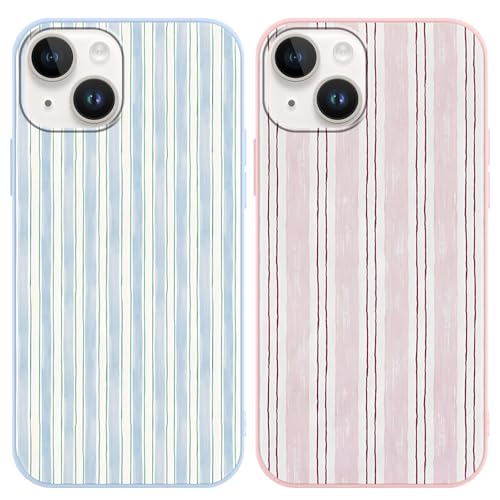 Yirlbey 2 × Funda para iPhone 15 Rayas, Aesthetic Móvil Striped Dibujos Cute Moda Cover Carcasa para Teléfono Case, Delgado Suave Silicona Carcasa Antigolpes para iPhone 15 6,1" Case,Rosa Azul.