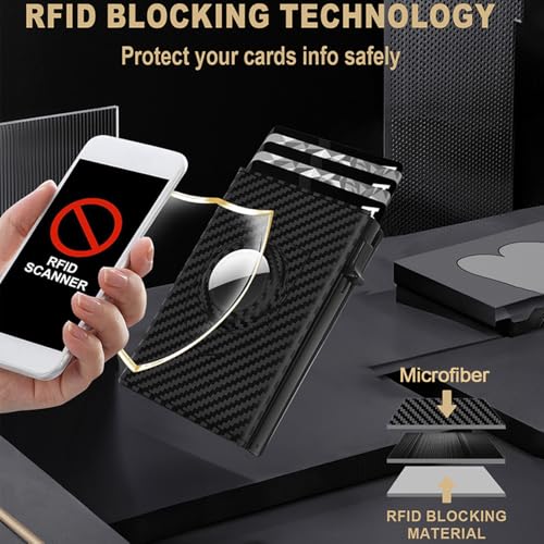 Image of Mens Pop Up Wallet for AirTag: Premium Genuine Leather, RFID Blocking, Smart, Minimalist, 9-14 Card Capacity, ID Window, Cash Slot (Carbon Fiber 2)