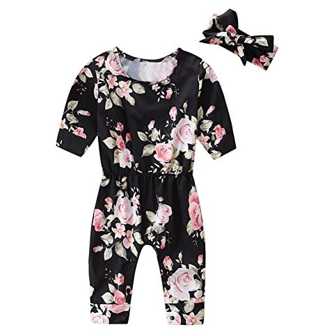HBER 0-24M Baby Girl One-Pieces Long Sleeve Floral Collect Waist Romper Jumpsuit with Headband Outfits Set Black Cover