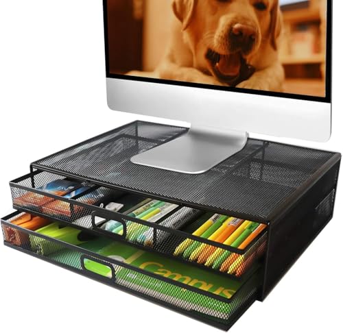 MINDEPOT Computer Monitor Stands with Drawers, Metal Mesh Desktop Monitor Riser, Desk Storage Organizer with Drawers for PC, Laptop, Printer (Black)