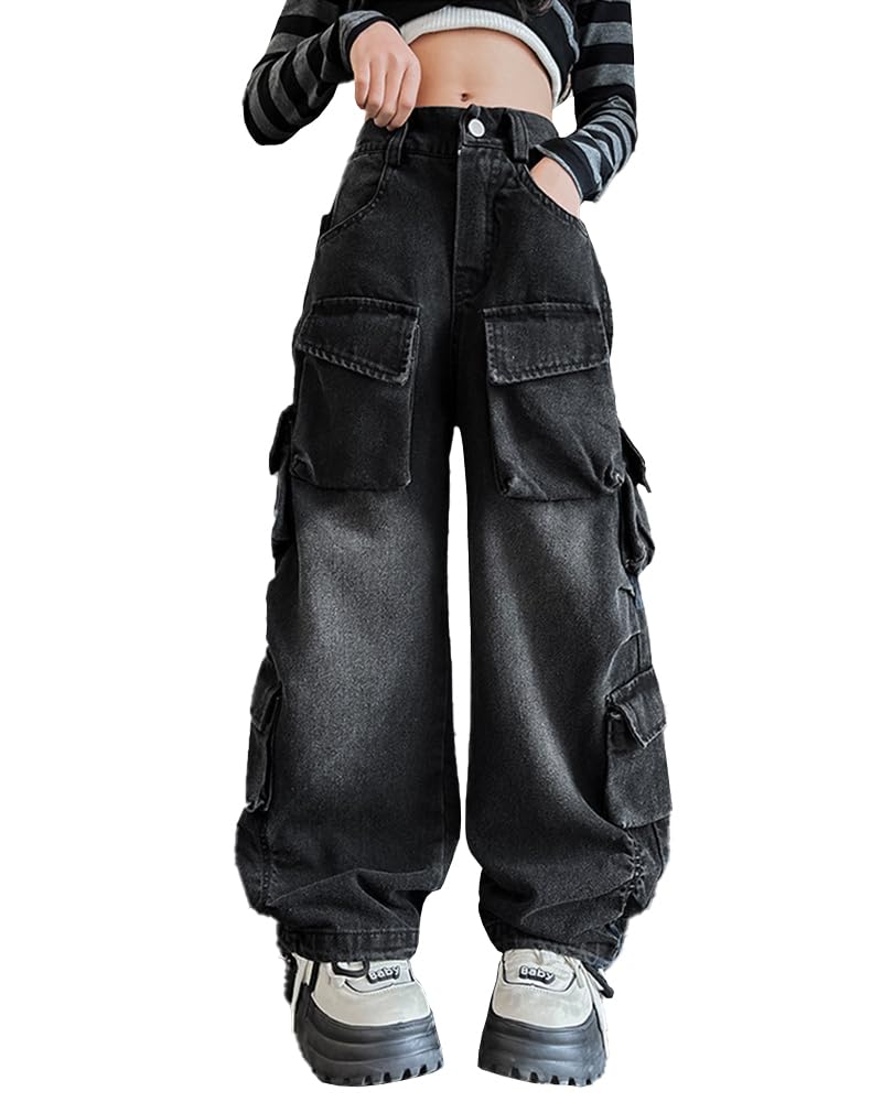 AOWKULAE Mädchen-Jeans, Cargohose, weites Bein, hoher elastischer Bund, gerade Denim-Hose mit Taschen, 5–14 Jahre