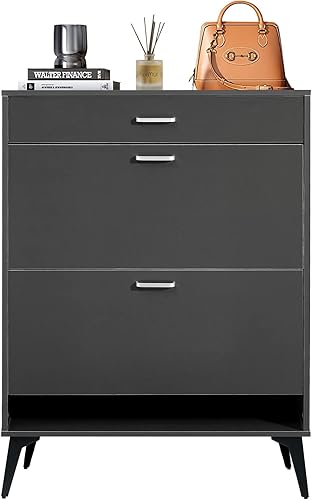 Miniatura 9 de Zapatero delgado con puertas, zapatero de madera con 2 cajones abatibles, moderno armario de almacenamiento de zapatos para entrada, pasillo, sala