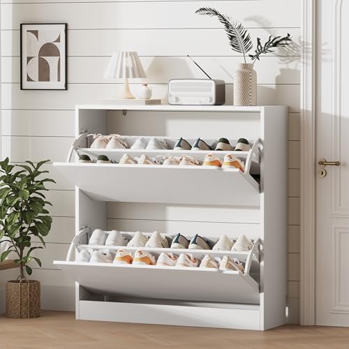 Image of Xixini Shoe Storage Cabinet for Entryway with 2 Flip Drawers, Wood Freestanding Hidden Shoe Storage, Narrow Slim Sturdy Shoe Organizer for Front Door Entrance, Living Room, Hallway, Bedroom, White