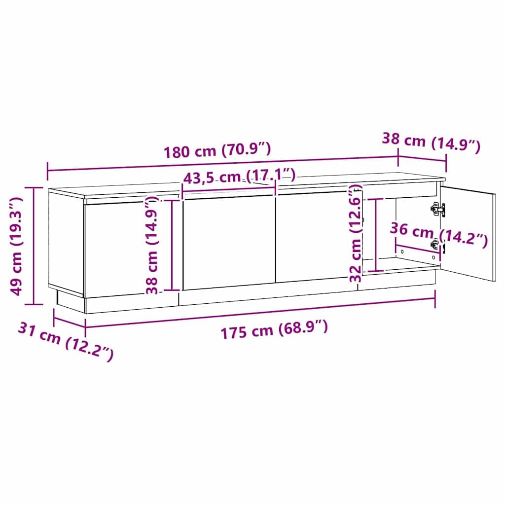 Mobile TV in legno ingegnerizzato rovere fumé 180 x 38 x 49 cm con porta a cerniera, illuminazione LED USB integrata, design moderno per soggiorno funzionale e raffinato