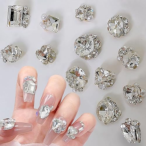 8 PCS 3D Pearls Nail Rhinestones Nail Charms,Luxury Shiny Heart Pearl Gems Nail Charm Clear White Hearts Snowflakes Nail Crystals Diamonds Stones Nails Charms for Women Nail Art Supplies Nail Designs