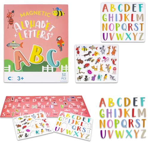 Image of WISHKEY Magnetic Alphabet Letters for Kids - 52 PCS ABC Uppercase Magnets with Animal Flashcards, Educational Montessori Learning Toy for Toddlers & Preschool Kids Age 3+ Red