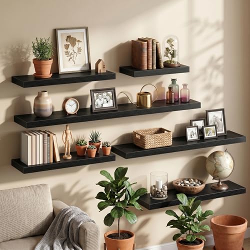 Image of Fun Memories 16Inch Floating Shelves for Wall, 8 Inch Deep Shelves for Bathroom|Bedroom|Kitchen Wall Mounted, Wood Hanging Shelf with Invisible Brackets for Home Storage Decor, Black - 2 Pack
