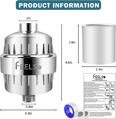 Image of FEELSO 15 Stage Shower Sedimentation Filter With Vitamin C For Hard Water - High Output Shower Water Filter To Remove Chlorine And Fluoride - 2 Cartridges Included Water Flow Showerhead Filter,Silver