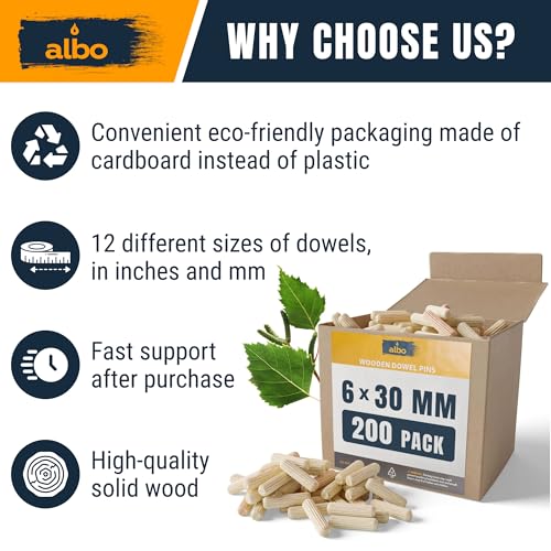 Image of ALBO Wooden Dowel Pins 6mm x 30mm / 1 /4 inch x 1.18 Inch Fluted Wood Dowels Rods 200 Pack Hardwood Crafts Dowel Pegs