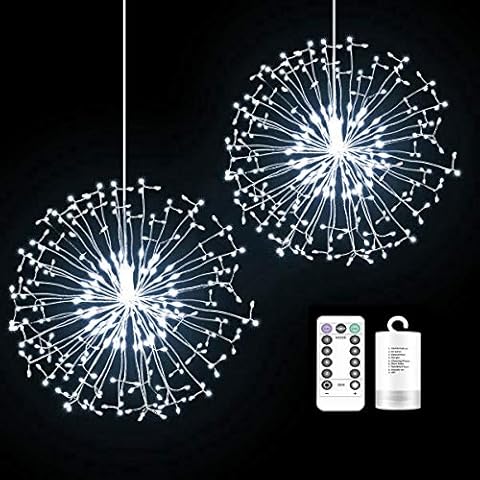 2 Pack 198 LED Fireworks Lights, Hanging Starburst Lights, Battery Operated Fairy String Lights with Remote Control for Christmas, Wedding, Party, Indoor, Outdoor (198 LED, Cool White) Cover