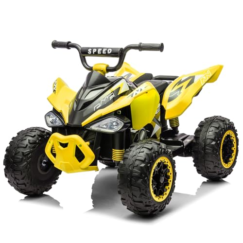 LALAHO Kinder Quad Elektro 12V Kinderquad, Kinderfahrzeug mit LED-Scheinwerfern, Musik & Hupe, Elektroauto mit 4 rutschfeste Räder & langsamer Start, für Kinder 3–8 Jahre alt (Gelb)