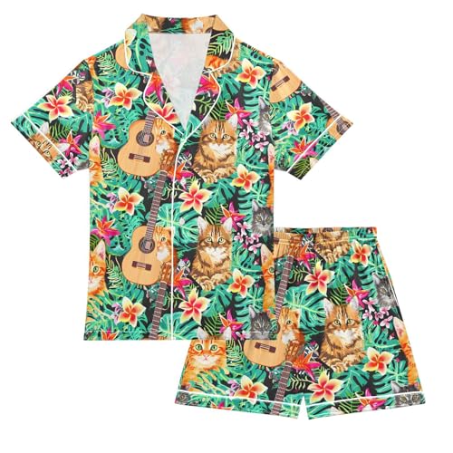 ALAZA Colorful Hawaiian Cat Kitten Guitar Pajamas Satin Pajama Set Short Sleeve Button Down Sleepwear