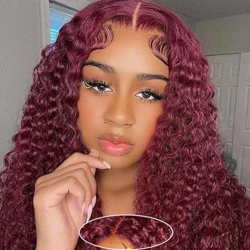 Image of Srakuw Wear and Go Glueless Wigs Human Hair Pre Plucked Pre Cut 99j Burgundy Lace Front Wigs for Black Women 180 Density Water Wave Bob Wig Colored Human Hair Curly Wig (99j Burgundy Color, 16 Inch)