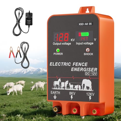 Trsaow Electric Fence Energiser 12V 2J 10 km Range IP44 Electric fence posts Electric Fence Tester Insulators Weatherproof Kit for Horses Cattle Pigs Goats 2J Output 3 Ways to Power