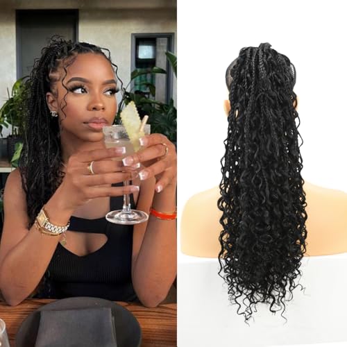 Lovenea Boho Drawstring Braided Ponytail for Women 18 Inch Boho Box Braids with Long Wavy Hair Clip in Hairpieces Synthetic Hair Ponytail Extensions for Daily Use 1B#