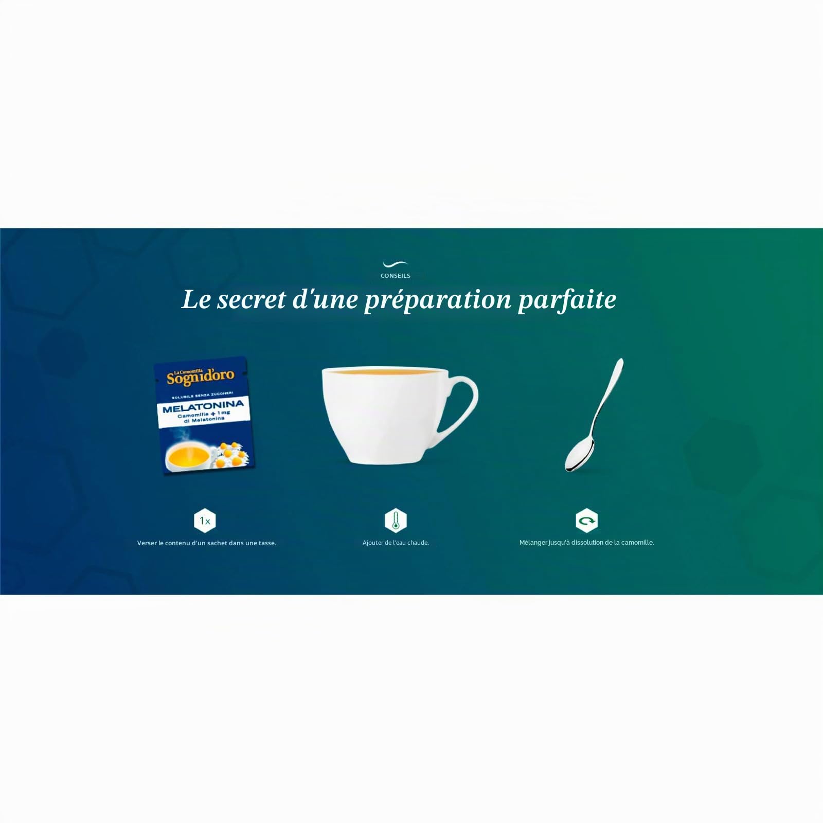 Sognioro Plus Camomille Soluble avec 1 mg de mélatonine sans sucre pour favoriser le sommeil – 6 paquets de 16 sachets