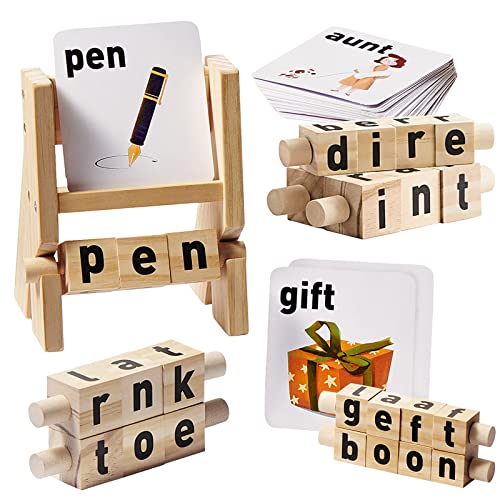Image of bc babycare Wooden Reading Blocks, Montessori Educational Toys Includ 8 Spinning Alphabet Rod & 32 Flash Cards, Words Spelling Toddler Learning Preschool Toys for Boys Girls Ages 4-8
