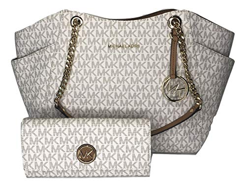 MICHAEL Michael Kors Jet Set Travel Large Chain Shoulder Tote bundled with Michael Kors Fulton Flap Continental Wallet (Signature MK Vanilla/Acorn)