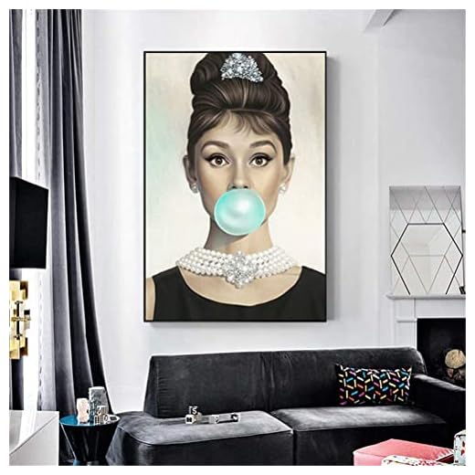 Cuadro moderno Foto Arte de pared Audrey Hepburn y Marilyn Monroe con burbujas Decoración de pared de burbujas Retrato de mujer sexy Lienzo Impreso Arte Póster Sin marco, Hepburn,50 x 70 cm
