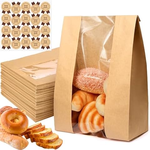 Paper Bread Bags - 24 Pack - Homemade Bread Storage Bags with Clear Window Includes Label Seal Stickers -Bakery Packaging Bags for Cookies, Bread, and Treats - Large Kraft 13.7x8.2x3.5inch Brown Cover