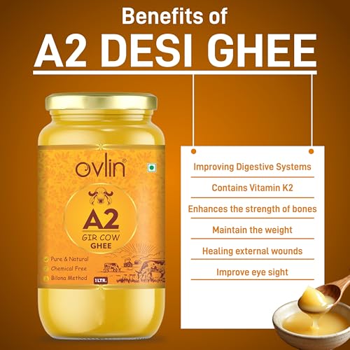 Image of Ovlin A2 Gir Cow Ghee | Traditional Bilona Method | Hand Churned Gir Cow Milk | Pure & Natural Desi Cow Ghee | Chemical Free | Rich Aroma & Taste | Ideal for Cooking & Daily Nutrition 1000ml