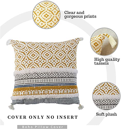 Image of Modern Homes - Feel the Difference Boho Tufted Decorative Throw Pillow Covers /Moroccan Style Cushion Covers with Tassels, Accent Decor Pillow (Yellow, 16X16 Inch)(Cotton), 250 TC