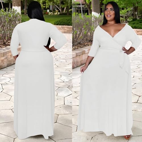 Image of Plus Size Dresses for Women Floral Maxi Dress Flowy 3 /4 Sleeve Oversize Long Dresses with Belt White 2XL