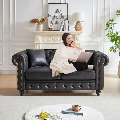 Image of Mid Century Modern Loveseat Sofa, 63.5 inchW Faux Leather Button Tufted Small Couch with Nailhead Trim & Roll Armrest, Upholstered Comfy Chesterfield Sofa for Living Room, Office(2 Seater, Black)