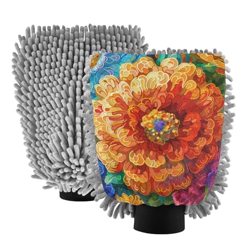 IOACIY Absorbent Microfiber Car Wash Drying Mitts, 2 Pack, Scratch-Free & Lint-Free, Rich Foam, Highly Absorbent, Double Sided, Wash Mitt Perfect for Car Washing, M, Flower (14)