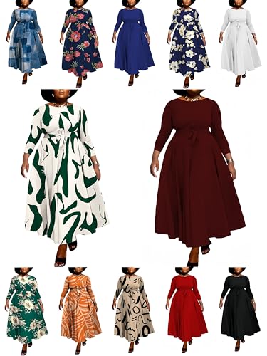 Image of Hostoyo Women Plus Size Formal A Line Maxi Dress Self Tie Waist with Pockets Elegant Round Neck Swing Long Dresses