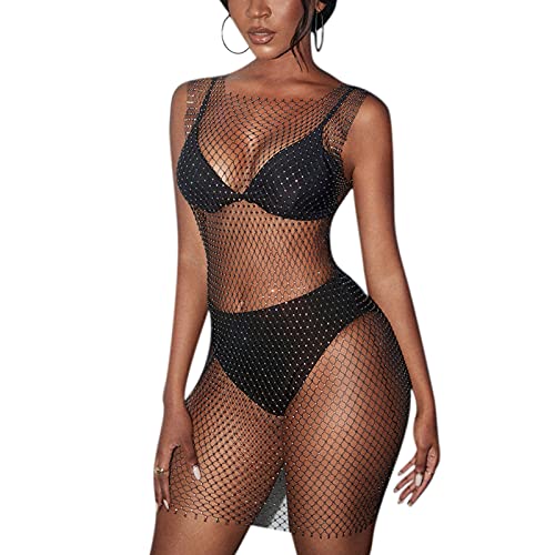 Women’s Sparkly Rhinestone Bikini Dress Sexy Sheer Mesh Sleeveless Swimsuit Cover Up Swimwear for Beach Pool Clubwear3