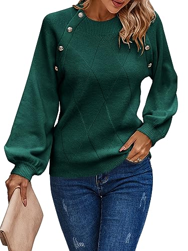 AOVDE Women's Long Sleeve Sweaters Fall Casual Oversized Crewneck Jumpers Tops Comfy Knit Pullover Sweater Dark Green X-Large
