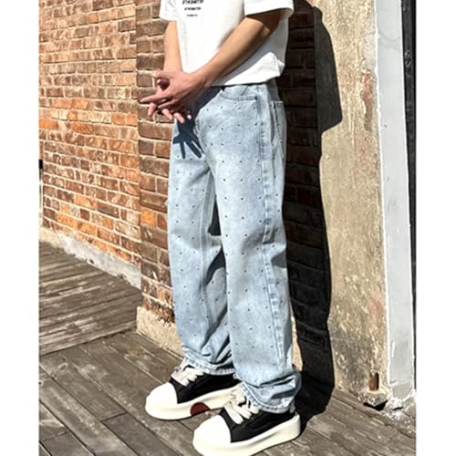 Mens Straight Leg Hip Hop Rivets Jeans Baggy Sparkling Denim Pants Streetwear3