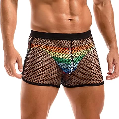 AMY COULEE Mens Fishnet Shorts See Through Mesh Boxer Briefs Sexy Lounge Underwear Swim Trunks Cover Up, Black, Small Cover