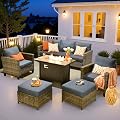 ovios Patio Furniture Set, 6 Pieces Outdoor Wicker Sofa Couch with Fire Pit Table, Ottomans and Comfy Cushions, All Weather High Back Rattan Conversation Set, Denim Blue