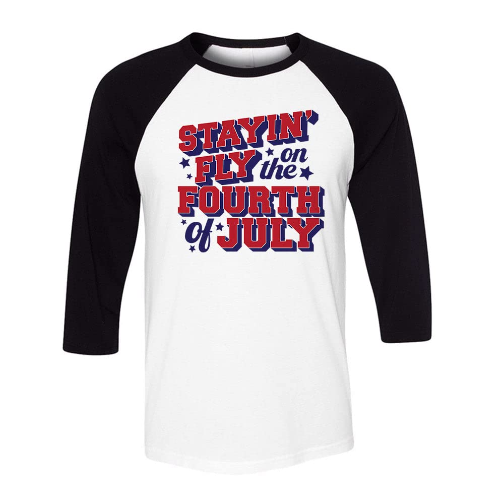 Stayin’ Fly on The Fourth of July Three-Quarter Raglan Sleeve Baseball Shirt Unisex Medium White/Black