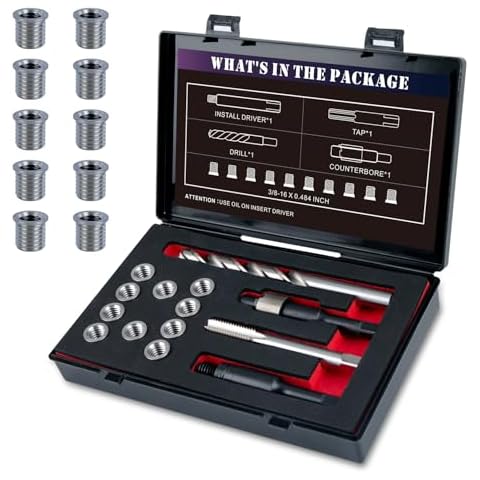 SENNMONN 3/8-16 SAE Thread Repair Kit with Insert HSS Drill, Tap, Counterbore, Installation Driver, 10PCS Stainless Steel Insert 3/8-16X0.484 INCH Cover