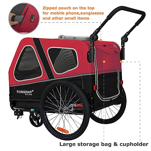 Doggyhut S-Line XL Hundeanhänger & Hundebuggy mit Federung 2 in 1 Hunde Fahrradanhänger Jogger gefedert bis 45 kg (Rot/Schwarz)
