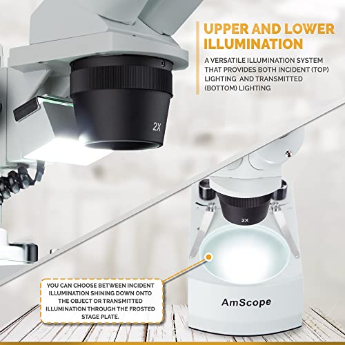 AmScope SE306R-P-LED Kompaktes Stereomikroskop mit mehreren Objektiven, abgewinkeltem Kopf, Metallsäulenständer, LED-Beleuchtung oben und unten, 20X-40X