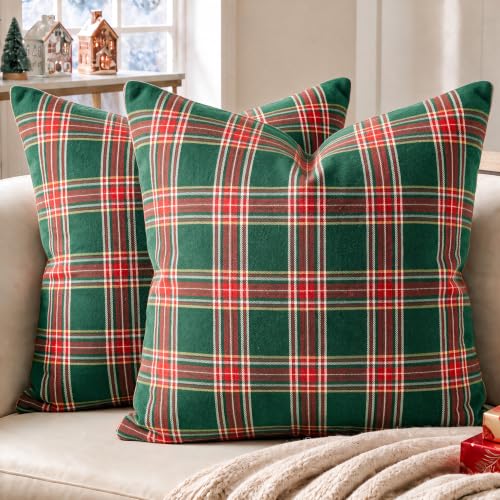 AVOIN colorlife Christmas Green Red Plaid Decorative Throw Pillow Covers,