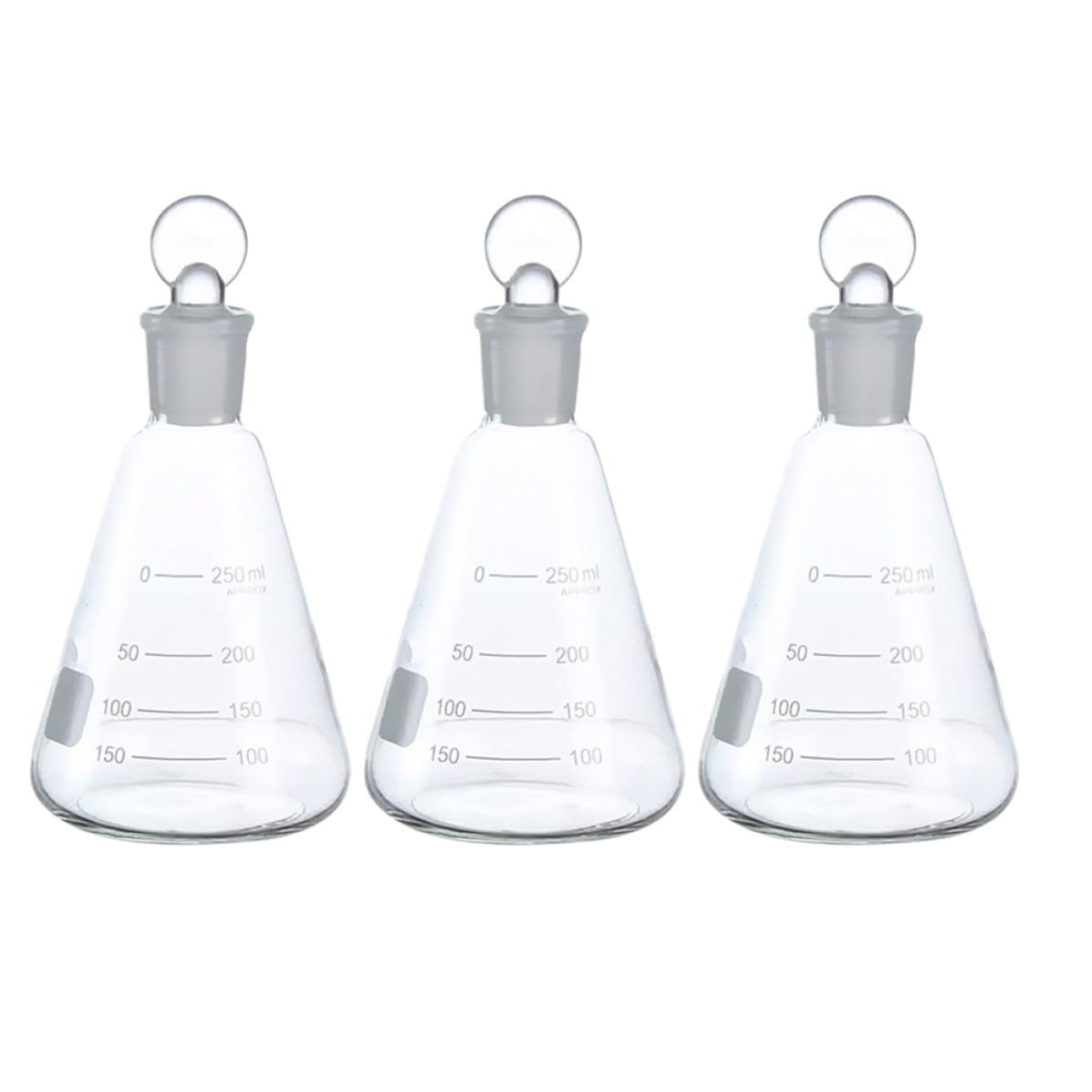 Set di 3 Matracci Conici da 250ml in Vetro con Tappo, Scala Graduata Chiara e Design Liscio e Arrotondato, per Esperimenti Scolastici e Laboratori